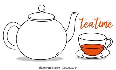 Teapot, Cup and inscription Tea Time. Vector illustration. Black outline on a white background. Hand-drawn.