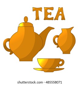 Teapot, Cup, jug of milk isolated on white background