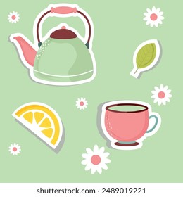 teapot, cup, lemon, leaf sticker pack illustration style