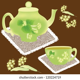 Teapot and cup with linden flowers on brown background with white serviettes