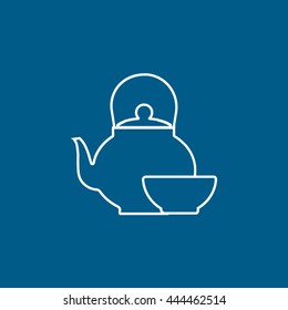 Teapot And Cup Line Icon On Blue Background