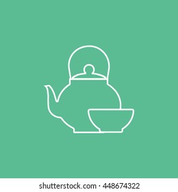 Teapot And Cup Line Icon On Green Background