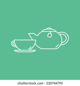 Teapot And Cup Line Icon On Green Background