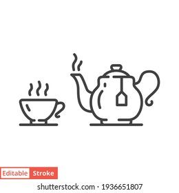 Icono de línea de tetera y taza. Estilo de contorno simple. Pozo de té, taza de hervidor de agua, símbolo de silueta para web y teléfono móvil. Ilustración vectorial aislada en fondo blanco. EPS de trazo editable 10.