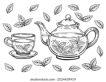 Teapot, cup, mint leaves. Hand drawn vector illustration in outline style.