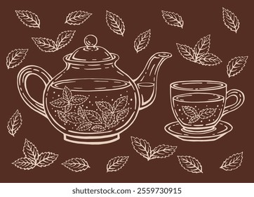 Teapot, cup, mint leaves. Hand drawn vector illustration in outline style.