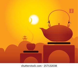 teapot and cup on the background of Oriental landscape with mountains at dawn. hieroglyph: tea