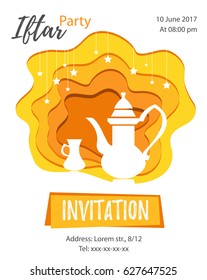 Teapot and cup on golden background with hanging stars. Paper art flyer for Muslim community. Ramadan (Islamic blessed month) card - Iftar (fasting meal) party invitation. Vector banner.