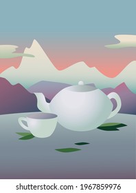 A teapot and a cup on a mountain background