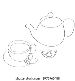 The teapot and the cup on the saucer are drawn in one line