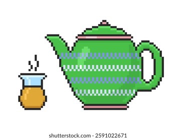 Teapot with a cup on a white background in pixel style. Vector illustration