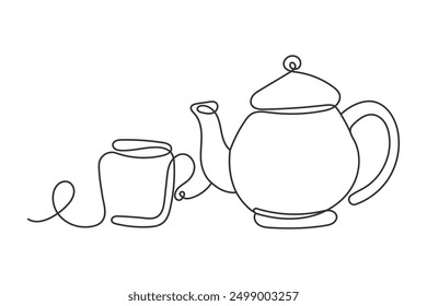 Teapot and cup in one line style hand drawn. Vector illustration of tea party elements in continuous line. Minimalistic style, vector