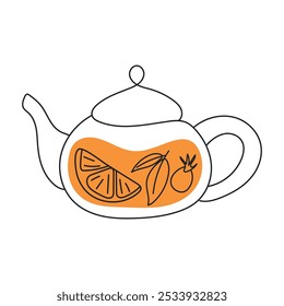 Teapot and cup in one line. Tea is pouring into the cup, coffee is drawn with a continuous line. Minimalistic line art. Breakfast concept. vector illustration