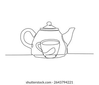 Bule com uma ilustração de desenho de contorno de xícara. um desenho de linha contínua de uma xícara de café com pote.