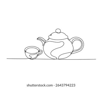 Bule com uma ilustração de desenho de contorno de xícara. um desenho de linha contínua de uma xícara de café com pote.
