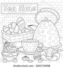 
Teapot, cup and pastries. Kitchen.Coloring book antistress for children and adults. Illustration isolated on white background.Zen-tangle style. Hand draw