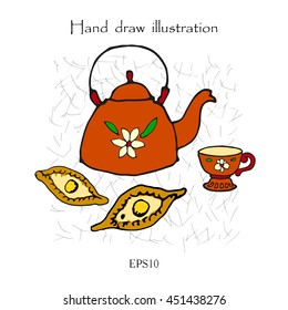 Teapot, cup and patty, tea set, hand drawing color vector illustration