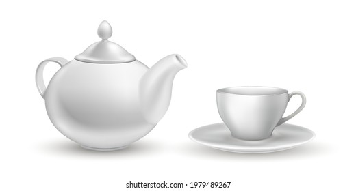 Teapot, cup and plate for tea set. Porcelain traditional tableware with handles for teatime vector illustration. Healthy drink modern crockery isolated on white background.