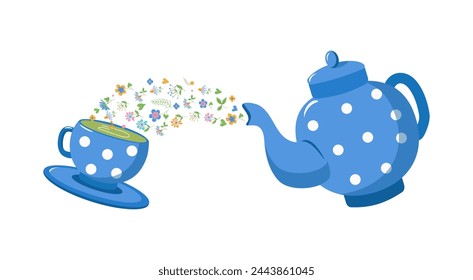 Teapot and cup and saucer. Floral herbal green tea. Detox drink. Ceramic dishes for the tea ceremony.