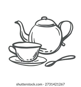 Teapot, cup with saucer and spoon vector graphic illustration. Table setting items for tea ceremony. Hand drawn isolated doodle of tea set. Black and white clipart for desing menu, cottagecore vibes.