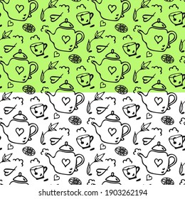 Teapot, cup seamless pattern. Doodle ink line brush graphics, hand drawn outline cartoon style, monochrome decor template. Transparent background. Vector illustration