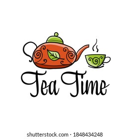 Teapot with cup, sketch for your design. Vector illustration