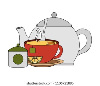 teapot cup spoon and bowl sugar lemon