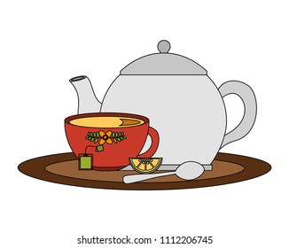 teapot and cup spoon lemon slice tea bag on tray
