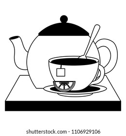 teapot cup spoon lemon teabag traditional