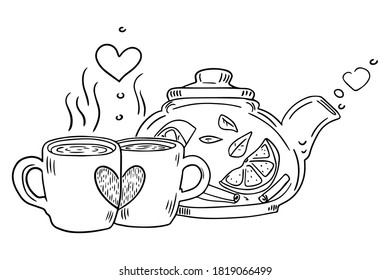 Teapot and cup with steam standing on table. Hand drawn doodle sketching, for cozy decoration projects, World Tea Day illustration. Invitation template for tea party. Vector illustration