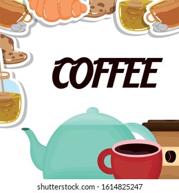 teapot cup takeaway cup fresh beverage coffee time vector illustration