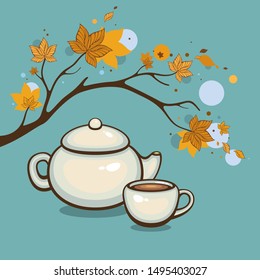 Teapot and cup of tea with autumn branch vector illustration. Design for season menu and label. Aroma drink.