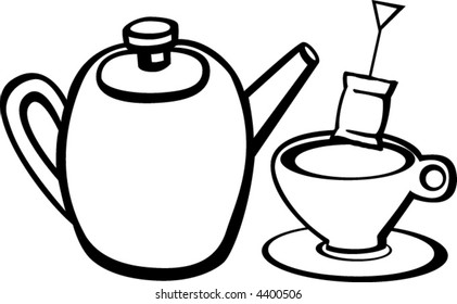 tetera con bolso de té y taza