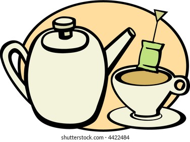 tetera y taza con bolso de té