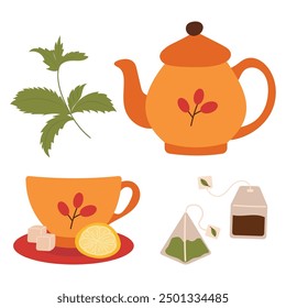 Tetera, taza, bolsitas de té. Ilustración vectorial de taza en platillo con cubitos de azúcar y rodaja de limón, hoja de menta, concepto de fiesta de té.