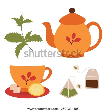 Teapot, cup, tea bags. Vector illustration of cup on saucer with sugar cubes and lemon slice, mint leaf, tea party concept.