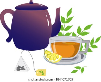 Teapot and a cup of tea. Celebration International Tea Day. Template for decor, congratulations, designs or logos. Vector illustration isolated on white background. 