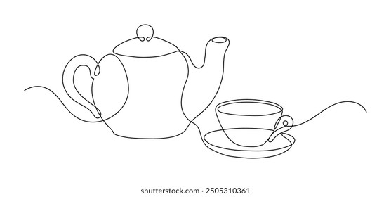 Teapot with cup of tea. Continuous line drawing. Tea time. 