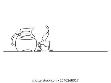 Teapot and cup of tea in continuous line art drawing style. Single line drawing coffee pot and cup. Vector illustration