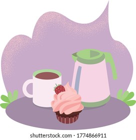 
A teapot and a cup of tea with a cupcake and strawberries in pastel colors on a lilac background. Nice tea party.