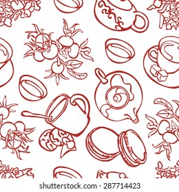Teapot and cup of tea. Desserts and sweets. Vector seamless pattern (background).