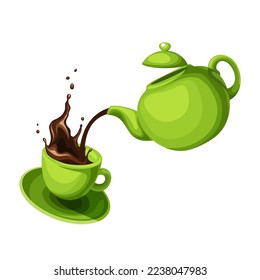 Teapot and a cup of tea. Green teapot pouring tea into a green cup. Vector illustration isolated on a white background