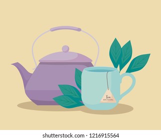 teapot with cup of tea herbs isolated icon