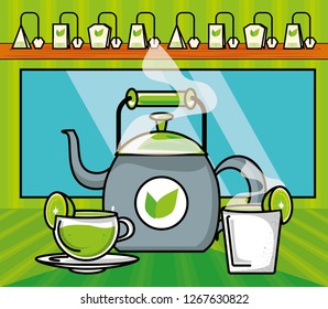 teapot with cup of tea herbs and set icons