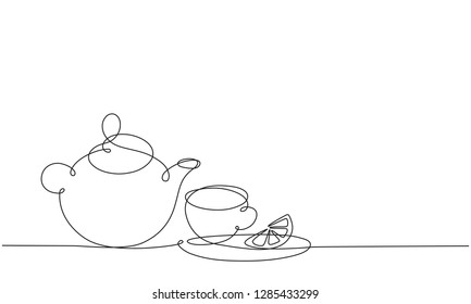 Teapot and cup. Tea with lemon. Continuous line drawing