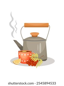 A teapot with a cup of tea and lemon and a sprig of rowan on a white background. Vector illustration