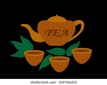 teapot and cup of tea on black background