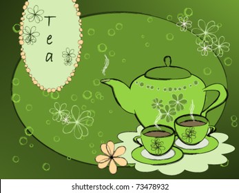 Teapot and cup of tea on a green background