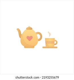 teapot and cup of tea on white isolated background, tea set, cute cartoon vector illustration