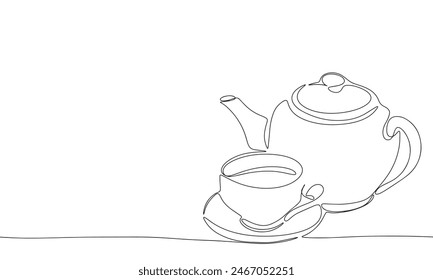 Tetera y taza de té una línea continua. Taza de té y arte de línea de hervidor. Arte vectorial dibujado a mano.